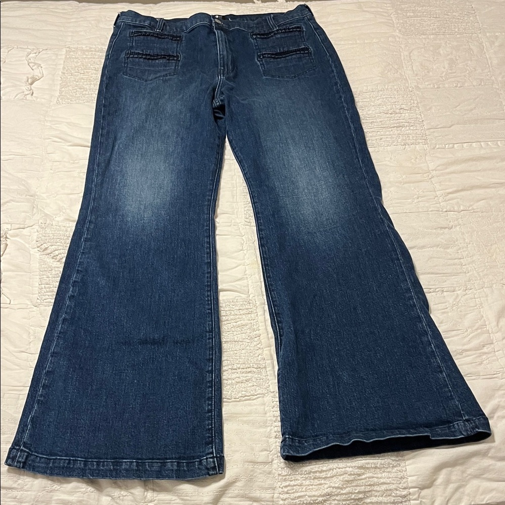 7 For All Mankind Flare Jeans with pocket ruffled detail. Size 33